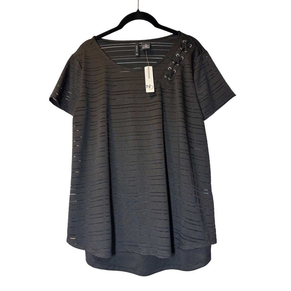 New Directions NWT Black Burnout Stripe Lace Up Shoulder Top Blouse Size M